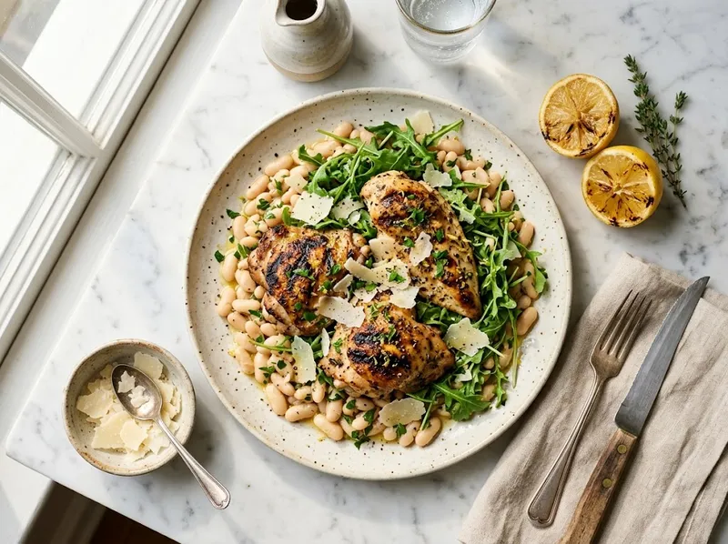 Gegrilltes Zitronen-Hähnchen mit weißen Bohnen und Rucola