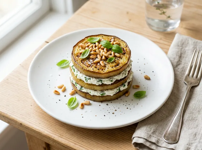 Geröstete Auberginen-Türmchen mit Basilikum-Ricotta und Pinienkernen