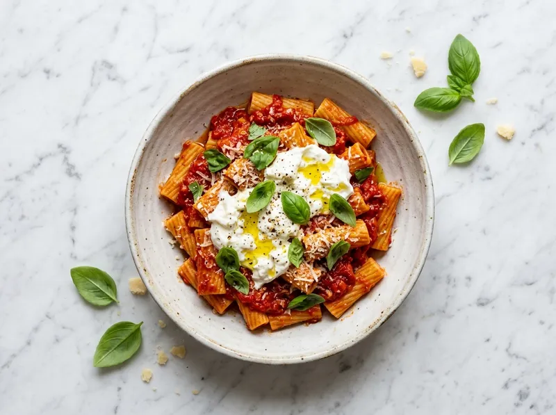 Geröstete Paprika-Pasta mit Burrata und Basilikum
