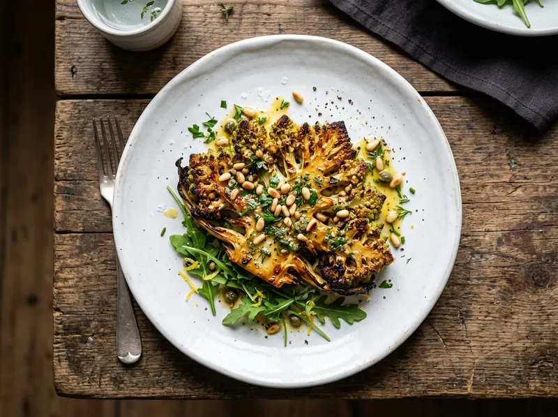 Geröstete Romanesco-Steaks mit Pinienkernen und Zitronen-Kapern-Vinaigrette