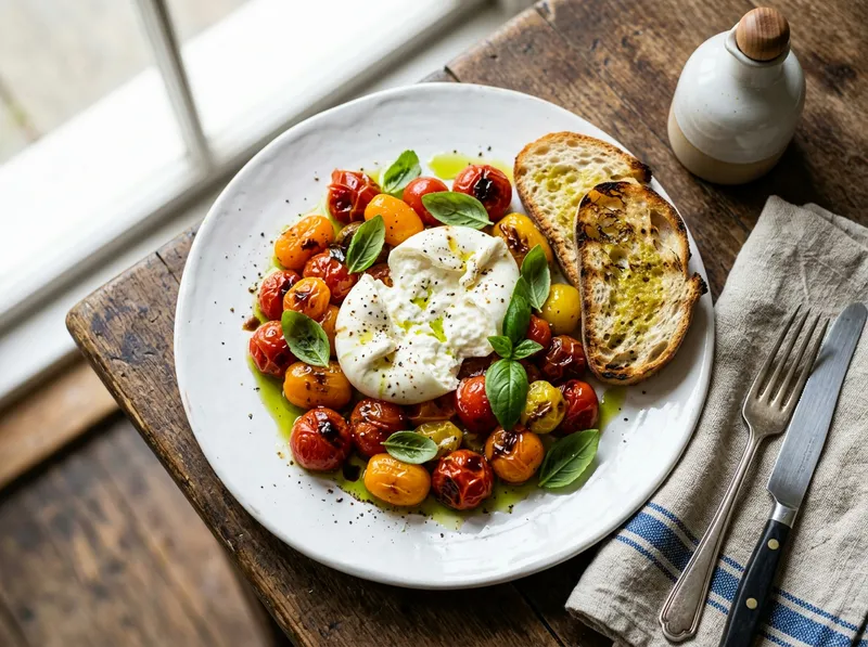 Geröstete Tomaten-Burrata mit Basilikum und knusprigem Ciabatta