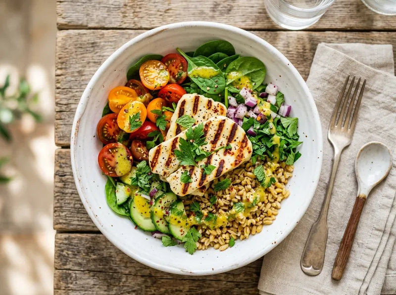 Gerösteter Freekeh-Bowl mit Halloumi und Zitronen-Sumach-Dressing