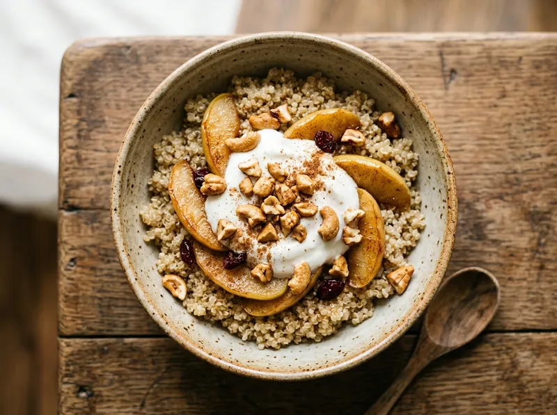 Gerösteter Quinoa-Apfel-Bowl mit Zimt-Cashew-Crunch