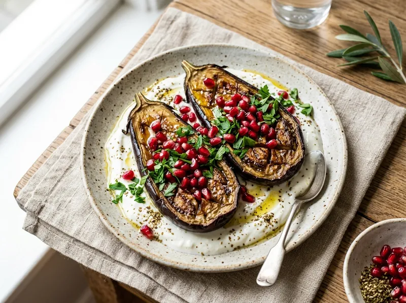 Geröstete Auberginen mit Zatar-Joghurt und frischen Granatapfelkernen