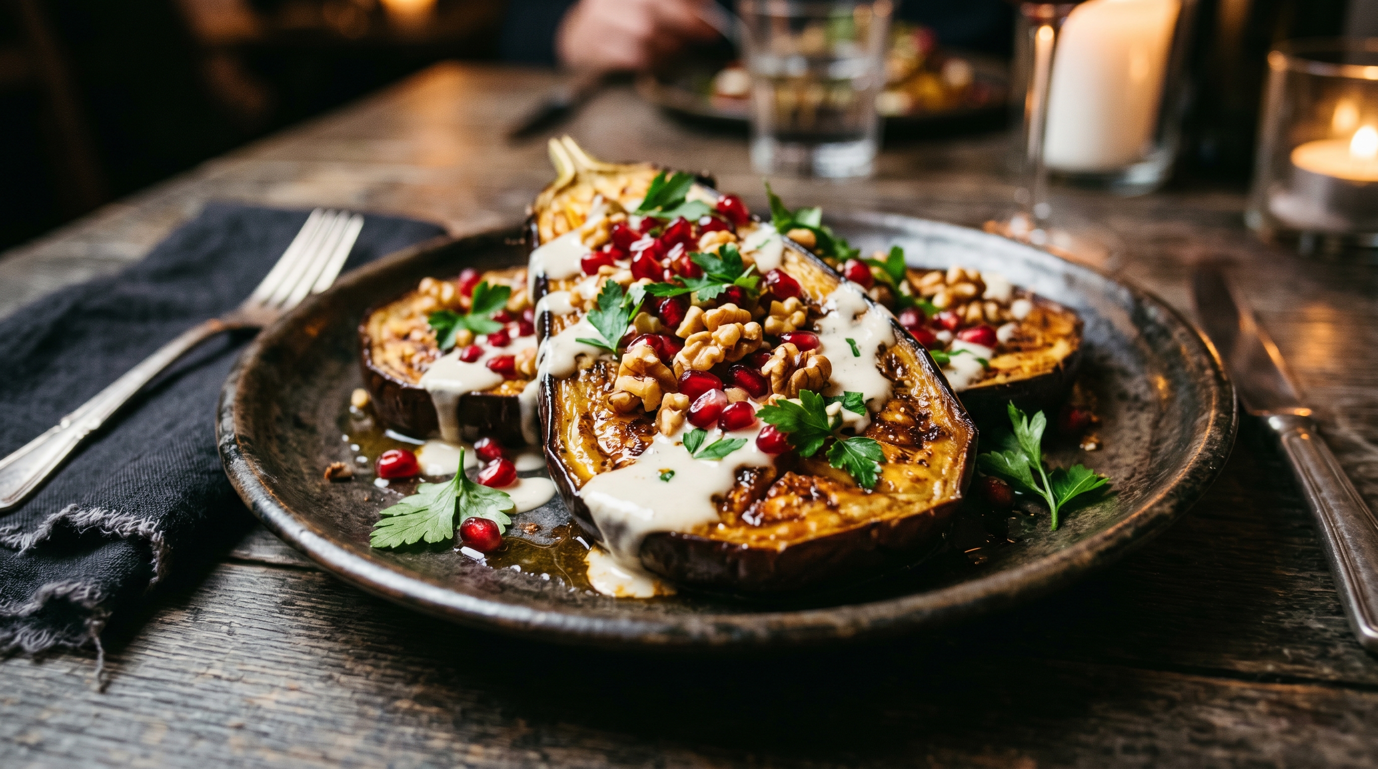 Geröstete Auberginen-Steaks mit Granatapfel-Walnuss-Topping