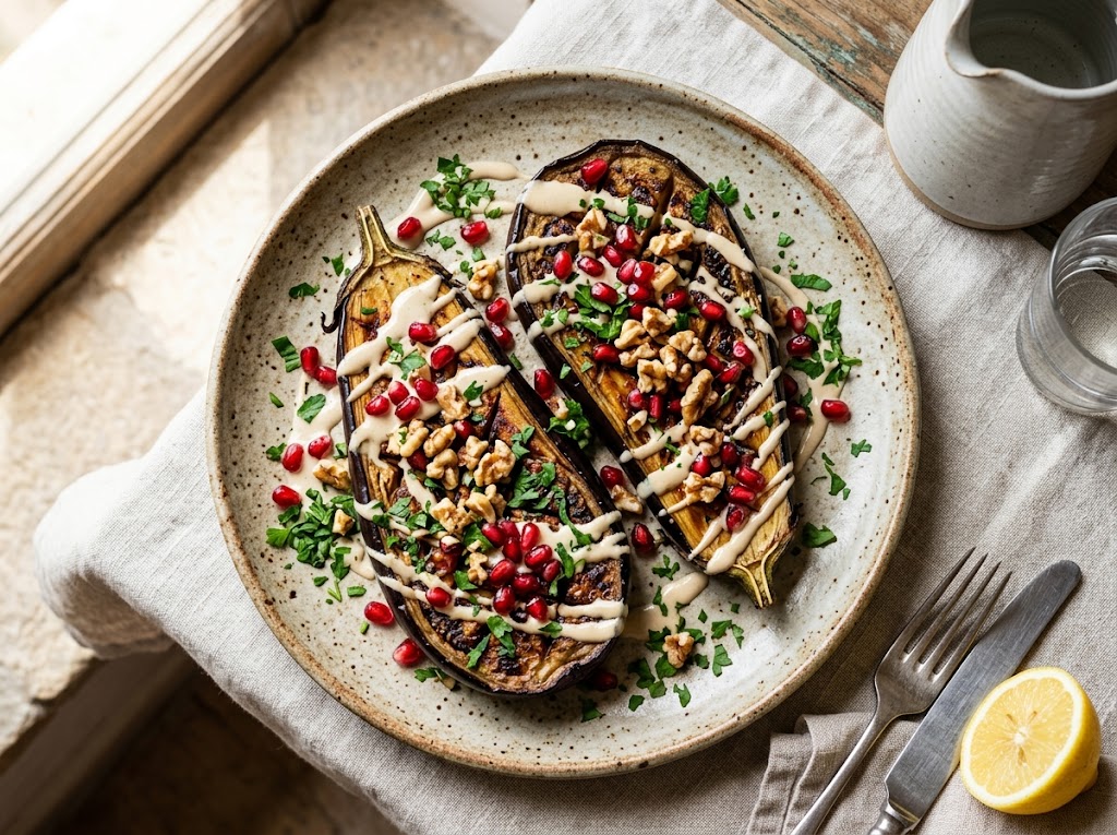 Geröstete Auberginen-Steaks mit Granatapfel-Walnuss-Topping