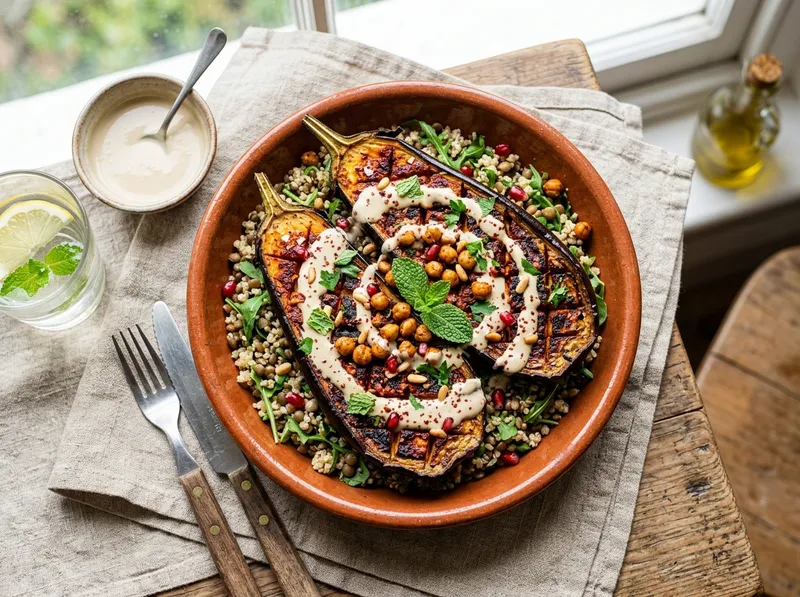 Geröstete Harissa-Auberginen-Bowl mit Tahini-Dattel-Dressing