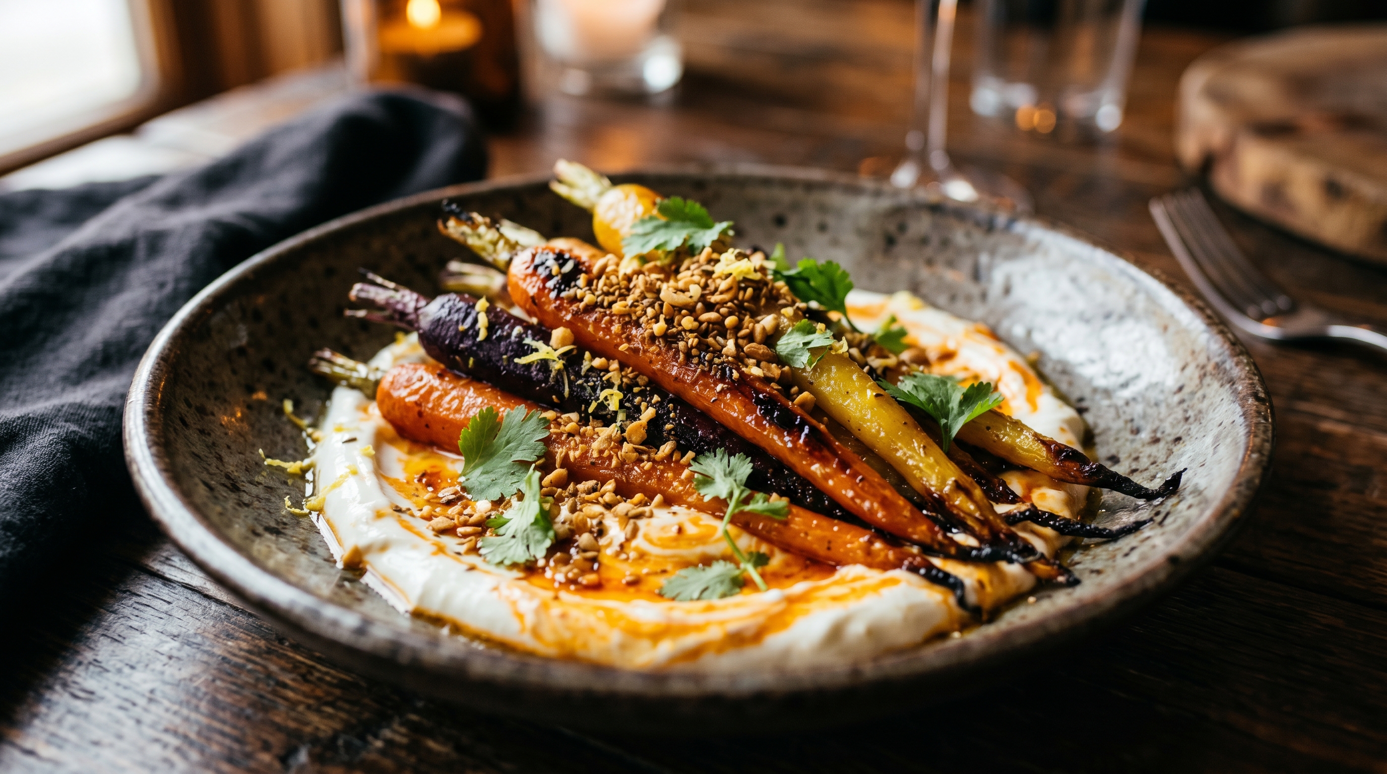 Geröstete Karotten mit Harissa-Joghurt und Dukkah