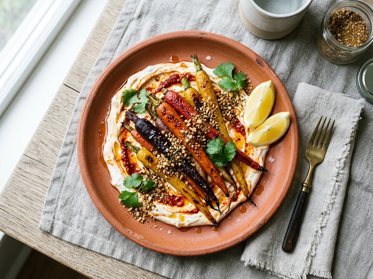 Geröstete Karotten mit Harissa-Joghurt und Dukkah