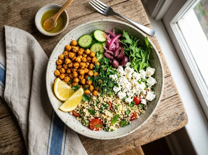 Geröstete Kichererbsen-Feta-Bowl mit Zitronen-Kräuter-Couscous
