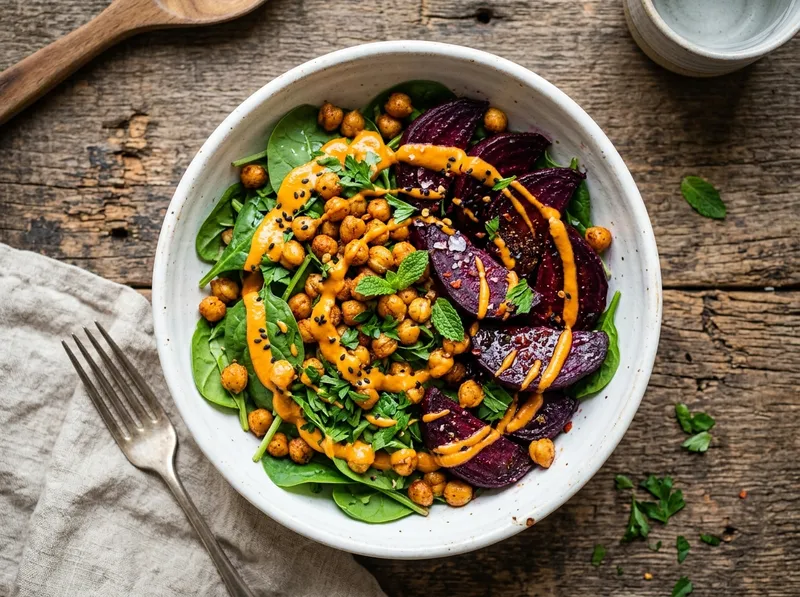 Geröstete Rote-Bete-Bowl mit Orangen-Tahini und knusprigen Kichererbsen