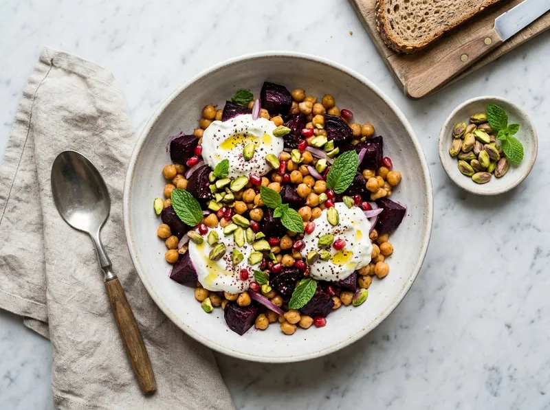 Geröstete Rote-Bete-Bowl mit Zatar-Kichererbsen und Orangenblüten-Joghurt