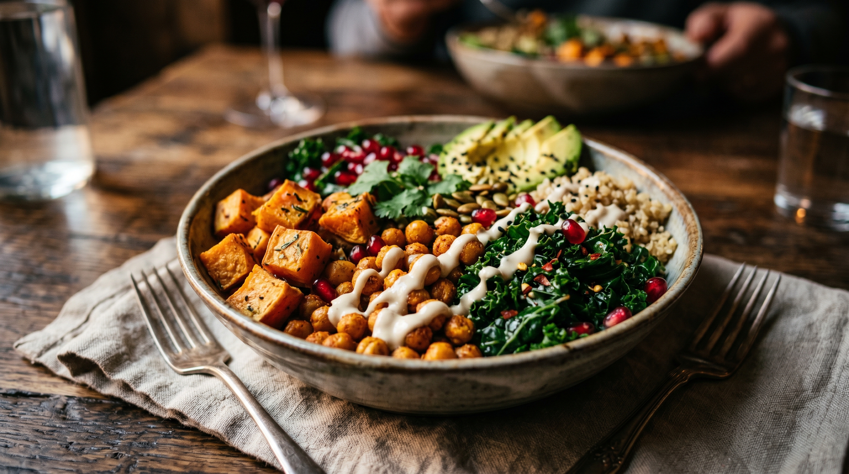 Geröstete Süßkartoffel-Bowl mit Tahini-Dressing und frischem Grünkohl