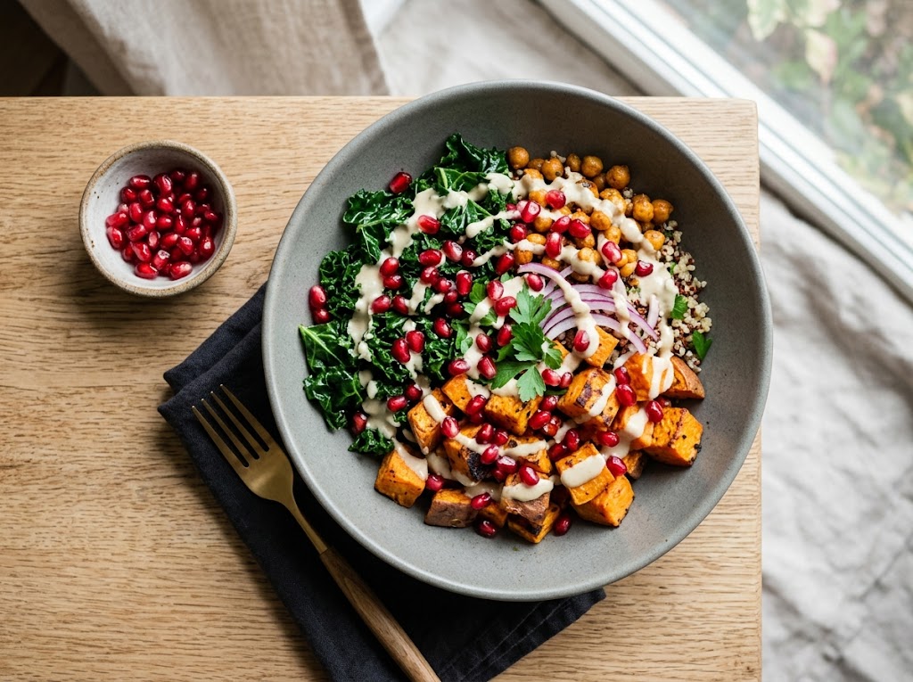 Geröstete Süßkartoffel-Bowl mit Tahini-Dressing und frischem Grünkohl