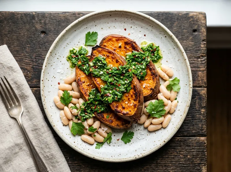 Geröstete Süßkartoffel-Steaks mit Chimichurri und weißen Bohnen