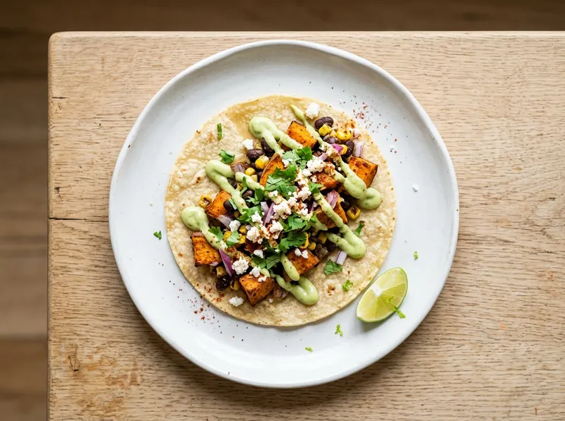 Geröstete Süßkartoffel-Tacos mit Avocado-Koriander-Crema
