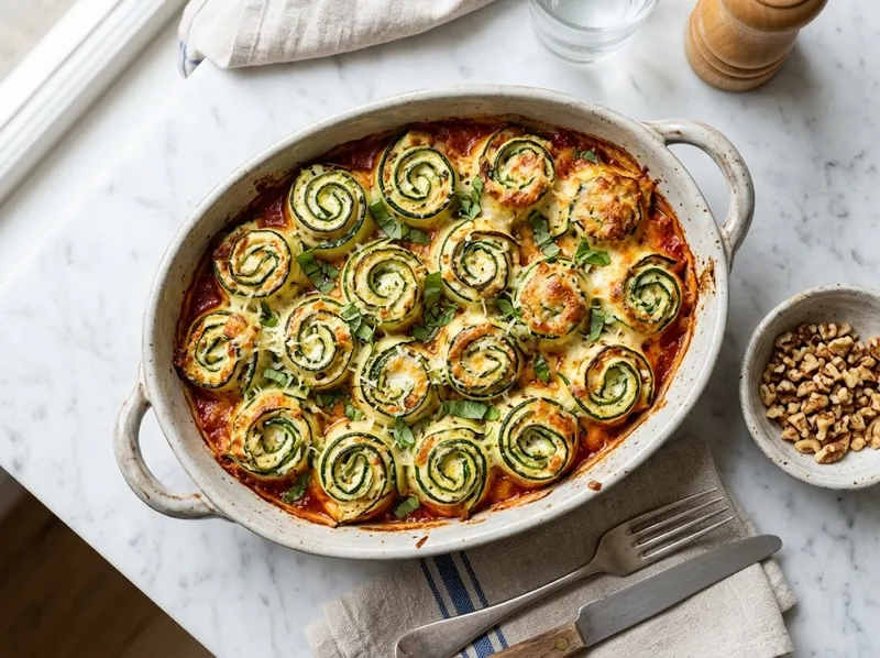Geröstete Zucchini-Rollen mit Ricotta-Walnuss-Füllung