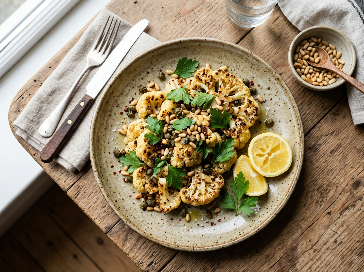 Gerösteter Blumenkohl mit Zitrone, Kapern und frischen Kräutern