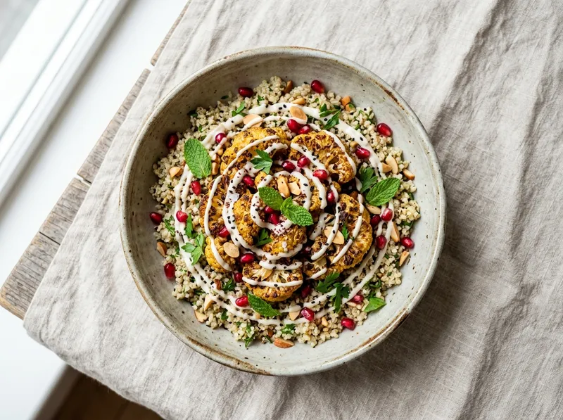 Gerösteter Blumenkohl-Tahini-Bowl mit Granatapfel und Minze