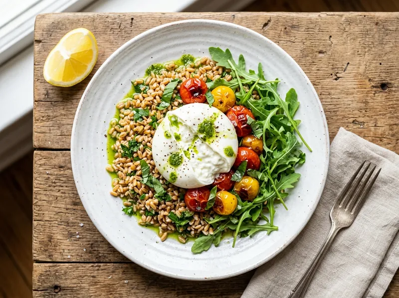 Gerösteter Farro-Bowl mit Burrata und Zitronen-Basilikum-Öl