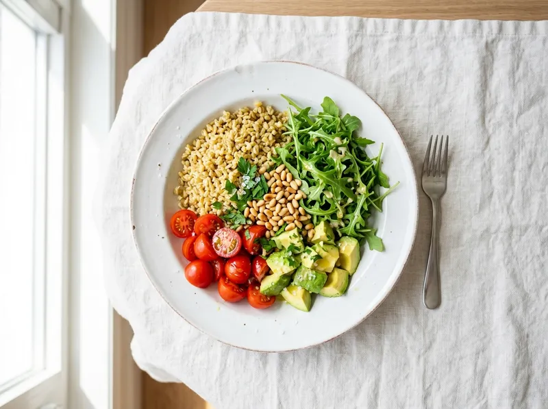 Gerösteter Freekeh-Bowl mit Rucola und Zitrus-Kurkuma-Dressing