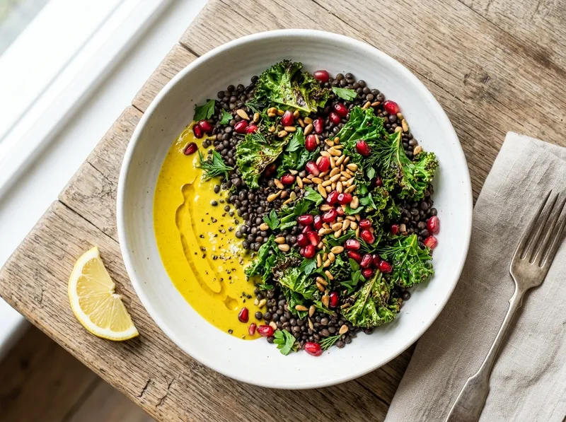Gerösteter Grünkohl-Bowl mit Beluga-Linsen und Tahini-Kurkuma-Dressing