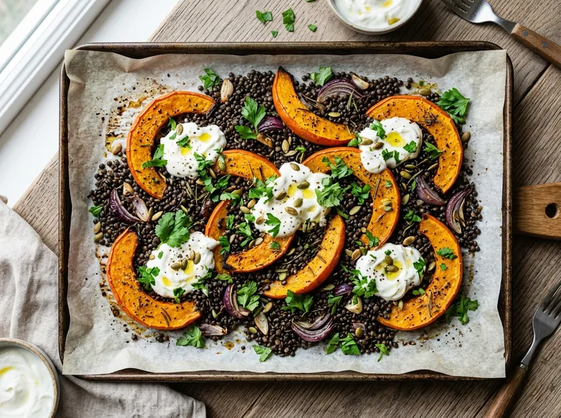 Gerösteter Harissa-Kürbis mit Linsen und Zitronenjoghurt vom Blech