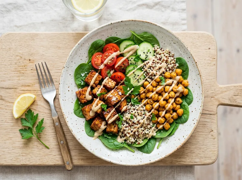 Gerösteter Kichererbsen-Tempeh-Bowl mit Zitrus-Tahini