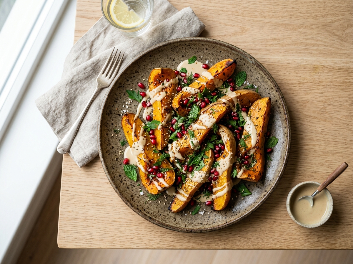 Gerösteter Kürbis mit Tahini-Granatapfel-Dressing