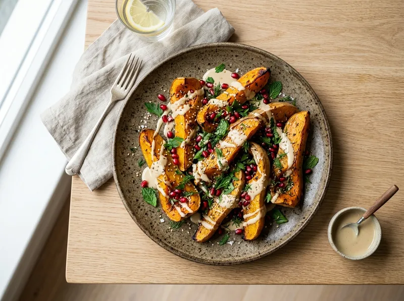 Gerösteter Kürbis mit Tahini-Granatapfel-Dressing