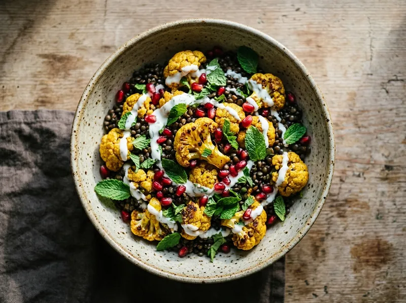 Gerösteter Kurkuma-Blumenkohl mit schwarzen Linsen und Minz-Joghurt vom Blech