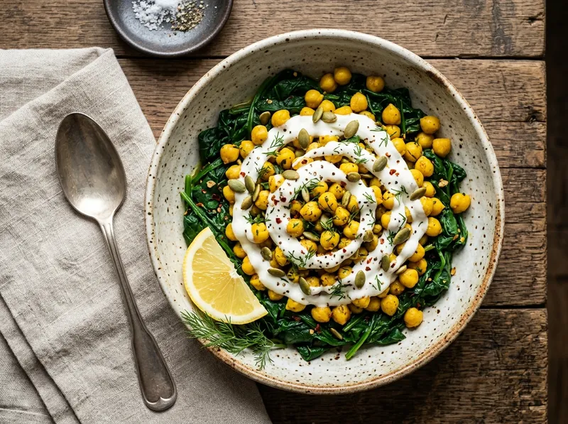 Gerösteter Kurkuma-Kichererbsen-Bowl mit Spinat und Zitronenquark