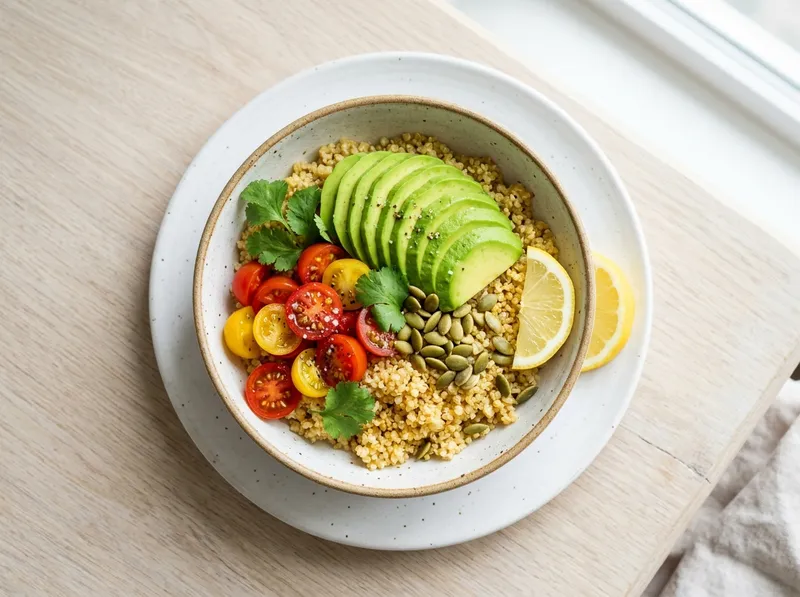 Gerösteter Quinoa-Bowl mit Avocado und Zitronen-Kräuter-Dressing