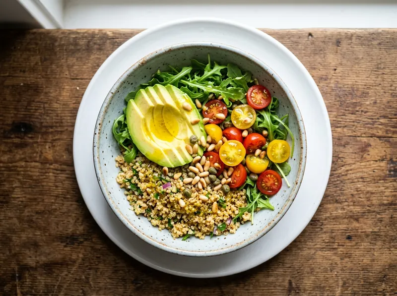 Gerösteter Quinoa-Bowl mit Rucola und Zitronen-Kapern-Vinaigrette