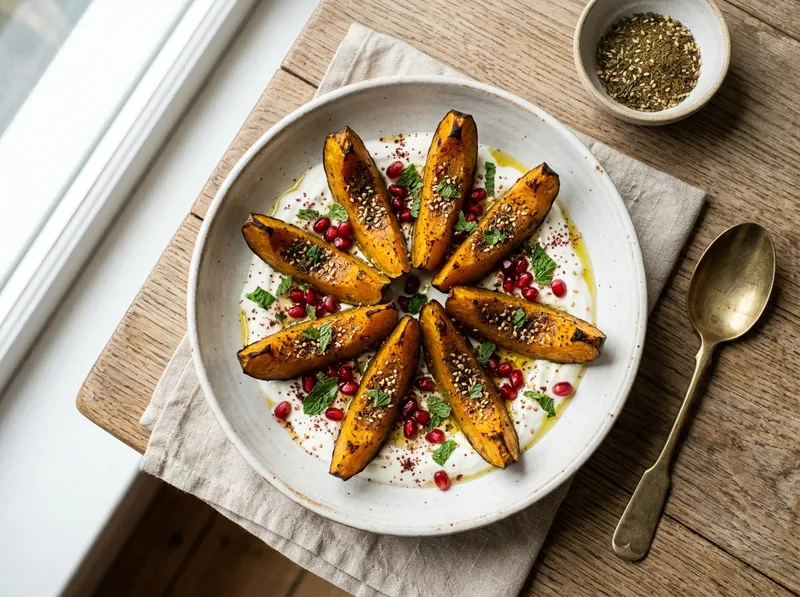 Gerösteter Za'atar-Kürbis mit Granatapfel-Minz-Joghurt