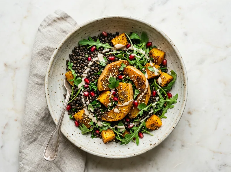 Geröstetes Ofenblech mit Za'atar-Kürbis und Beluga-Linsen