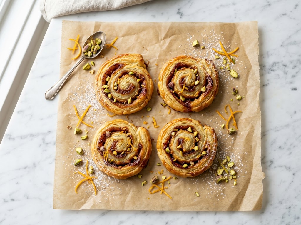 Goldene Dattel-Orangen-Blätterteig-Schnecken mit Pistazien