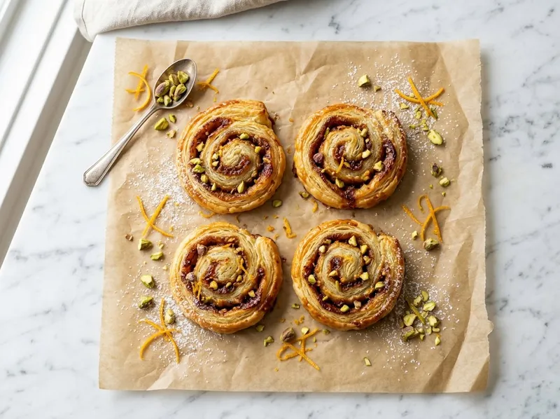 Goldene Dattel-Orangen-Blätterteig-Schnecken mit Pistazien