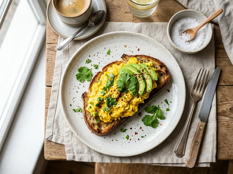Goldene Kurkuma-Rühreier mit Avocado und Kräutern