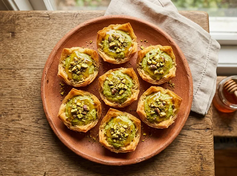 Goldene Orangenblüten-Baklava-Cups mit Pistazien und Honig