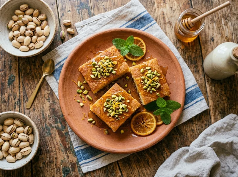 Goldene Orangenblüten-Grieß-Törtchen mit Pistazien