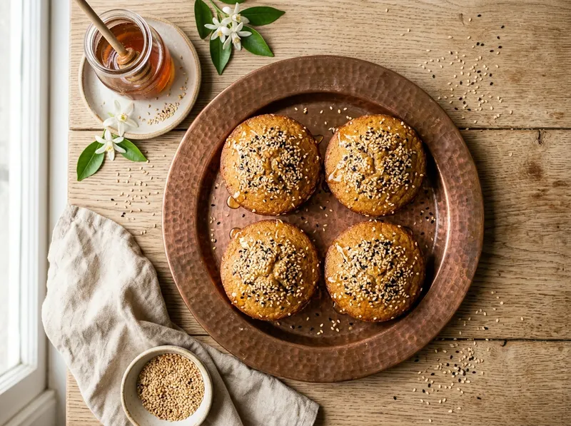 Goldene Tahini-Honig-Kuchlein mit Sesam und Orangenblüten