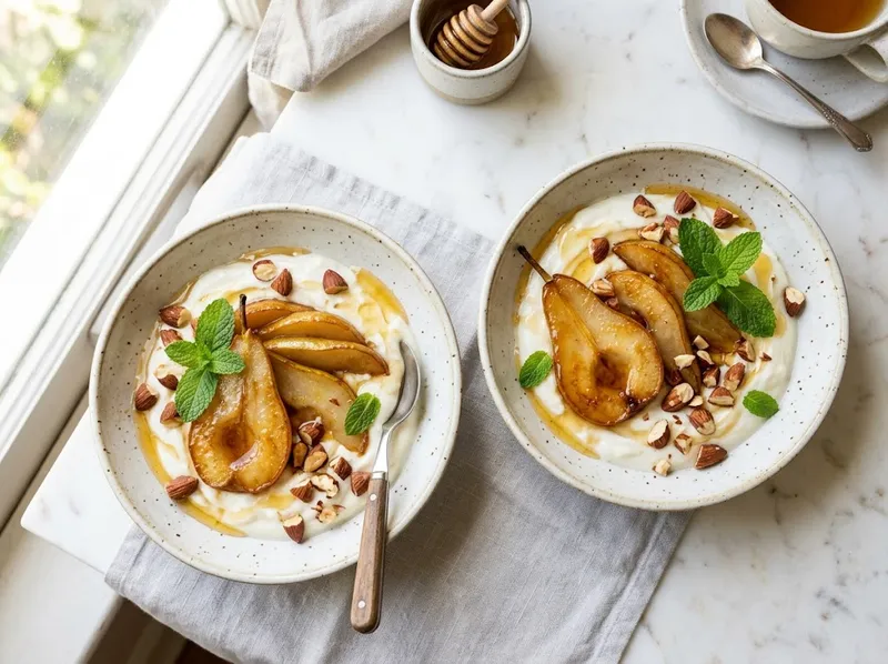 Goldene Zimt-Birnen-Schalen mit Vanille-Joghurt und gerösteten Mandeln