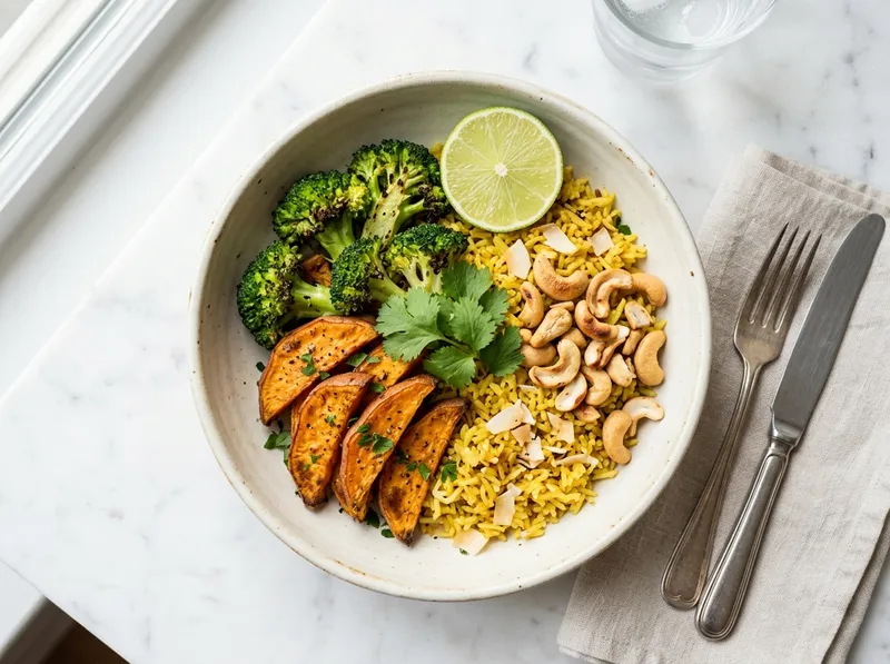 Goldener Kurkuma-Kokos-Reis mit geröstetem Gemüse und Cashew-Crunch