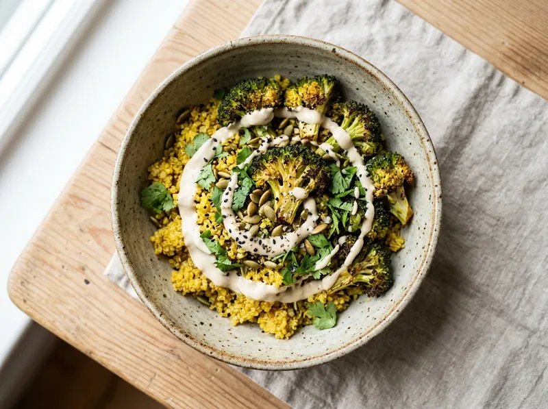 Goldener Kurkuma-Quinoa-Bowl mit geröstetem Brokkoli und Cashew-Dressing