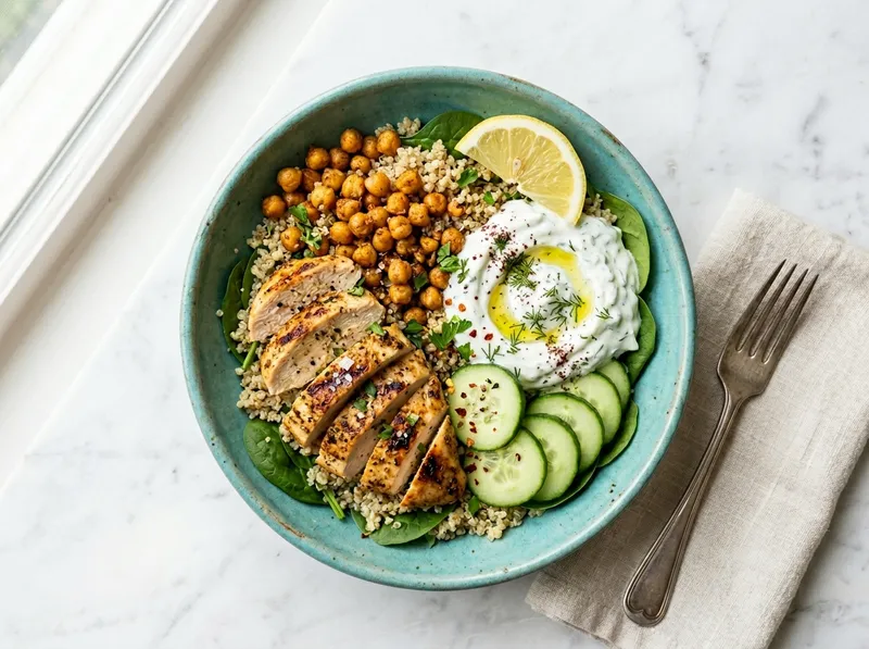 Griechischer Hähnchen-Quinoa-Bowl mit Tzatziki und gerösteten Kichererbsen