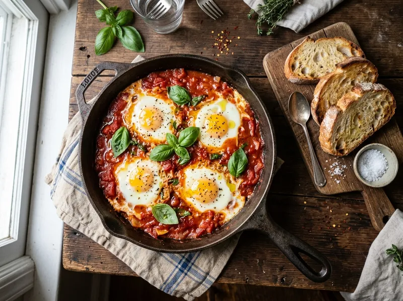 Italienische Uova in Purgatorio mit Ciabatta-Dippers
