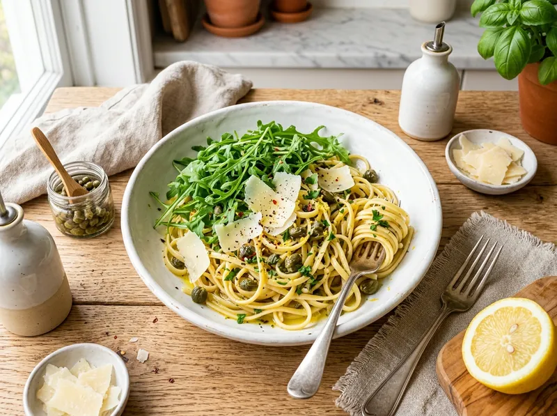 Italienische Zitronen-Kapern-Pasta mit frischem Rucola
