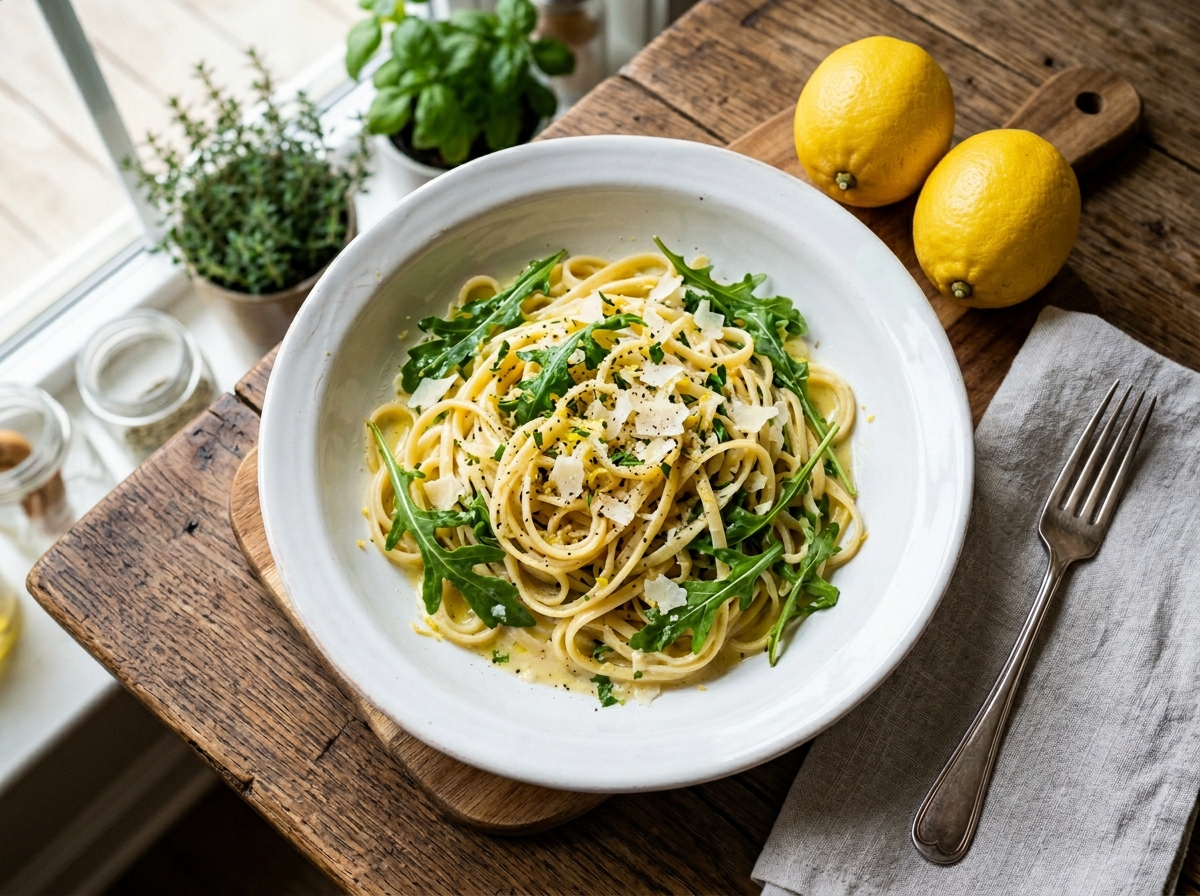 Italienische Zitronenpasta mit frischem Rucola und Pecorino