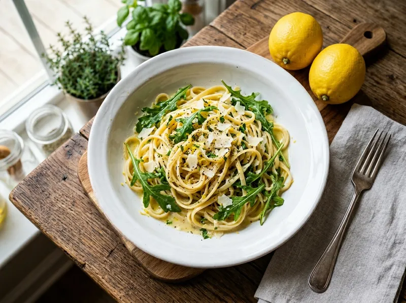 Italienische Zitronenpasta mit frischem Rucola und Pecorino
